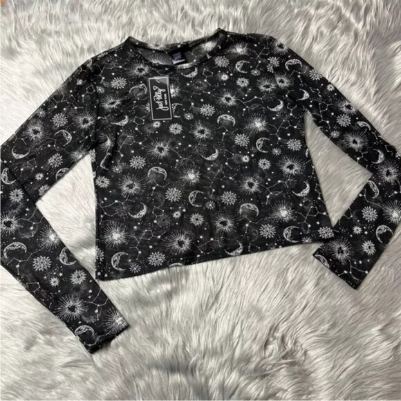 Just Polly Sheer Long Sleeve Black Top Moon Stars Celestial Constellation - Picture 1 of 5